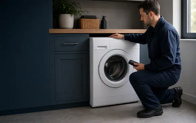Çamaşır makinesinin dış bölümünü kontrol eden teknik servis görevlisi